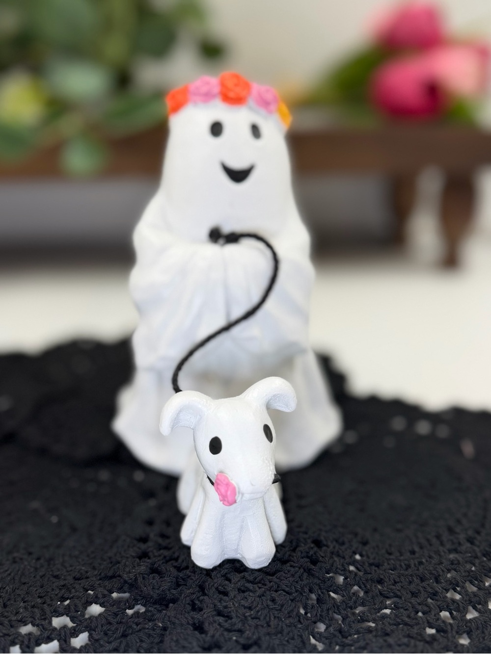 poppy flower crown ghost w dog figurine summerween halloween decor